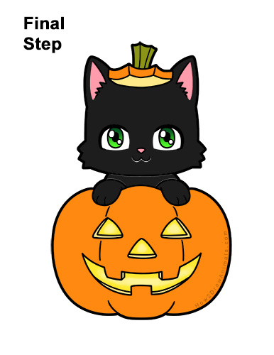 Draw a Cute Black Kitty in a Jack-O'-Lantern How to Draw Cute Cartoon Black Cat Kitten Halloween Chibi Kawaii