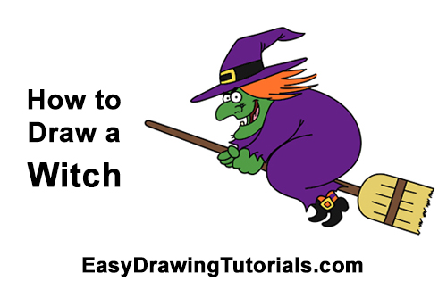 How to Draw Cartoon Witch Flying Broom Halloween
